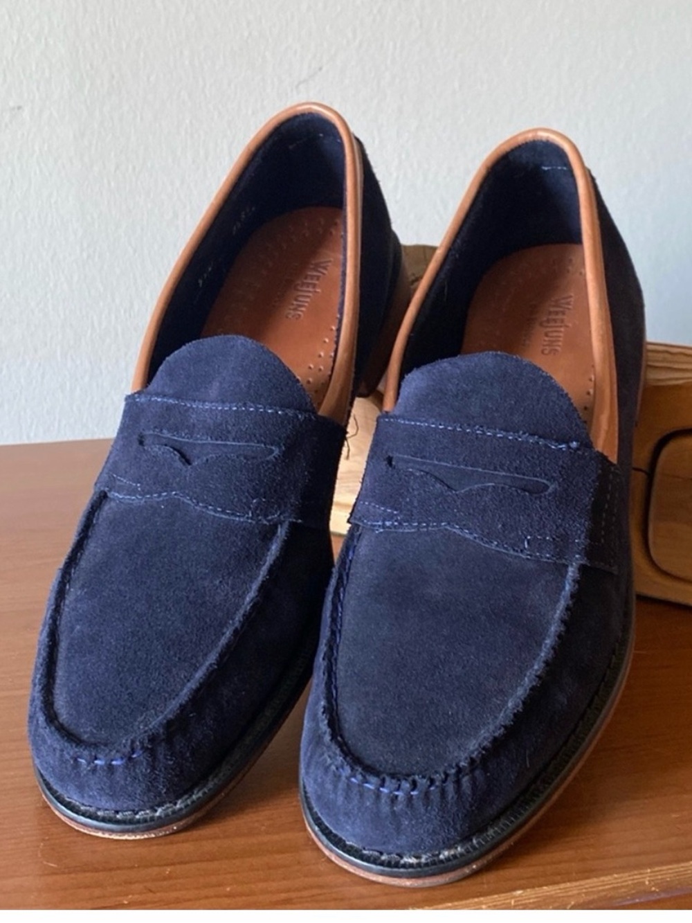 Bass Navy Suede Penny Loafers with Tan Trim